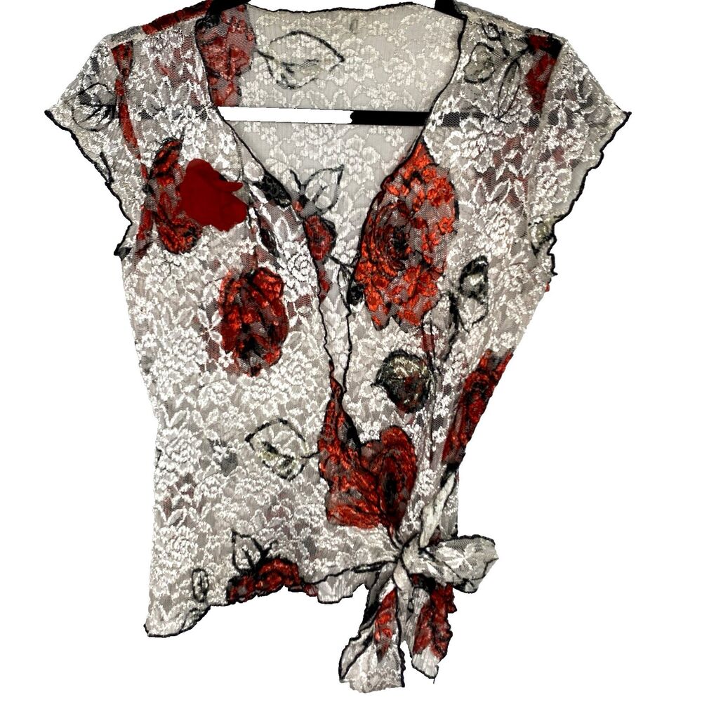 Floral Sheer Lace Wrap Blouse Womens S Stretch V-Neck Rockabilly Off White Red